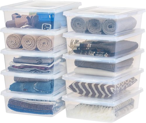 IRIS USA Storage Bins - 10-Pack Clear Stackable Containers with Lids for Organizing Shoes & Classroom Supplies | 28 Quart