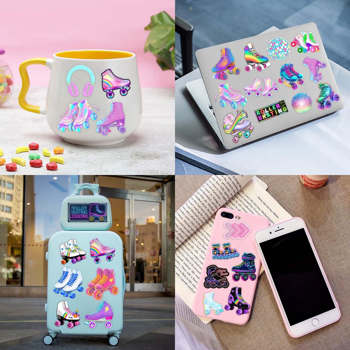 Neon Roller Skate Temporary Tattoos - 8 Sheets (96PCS) 80s 90s Theme Birthday Party Decorations Supplies Favors Stickers for Kids Girls Boys Gifts Classroom School Prizes Rewards