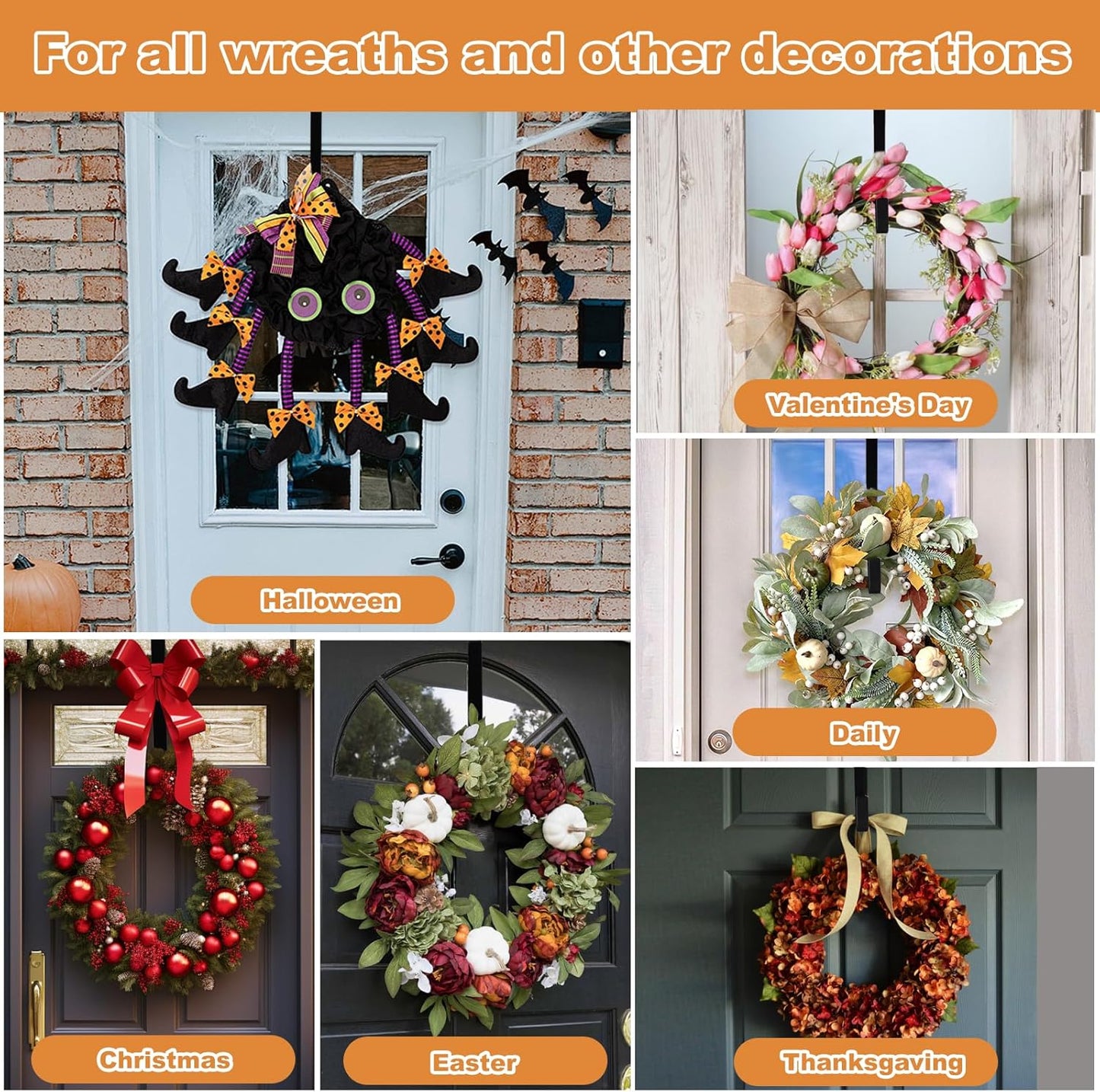 PECULA Wreath Hangers - 2 Pack 14" Metal Hangers for Front Door | 40lb Load-Bearing, Black Finish