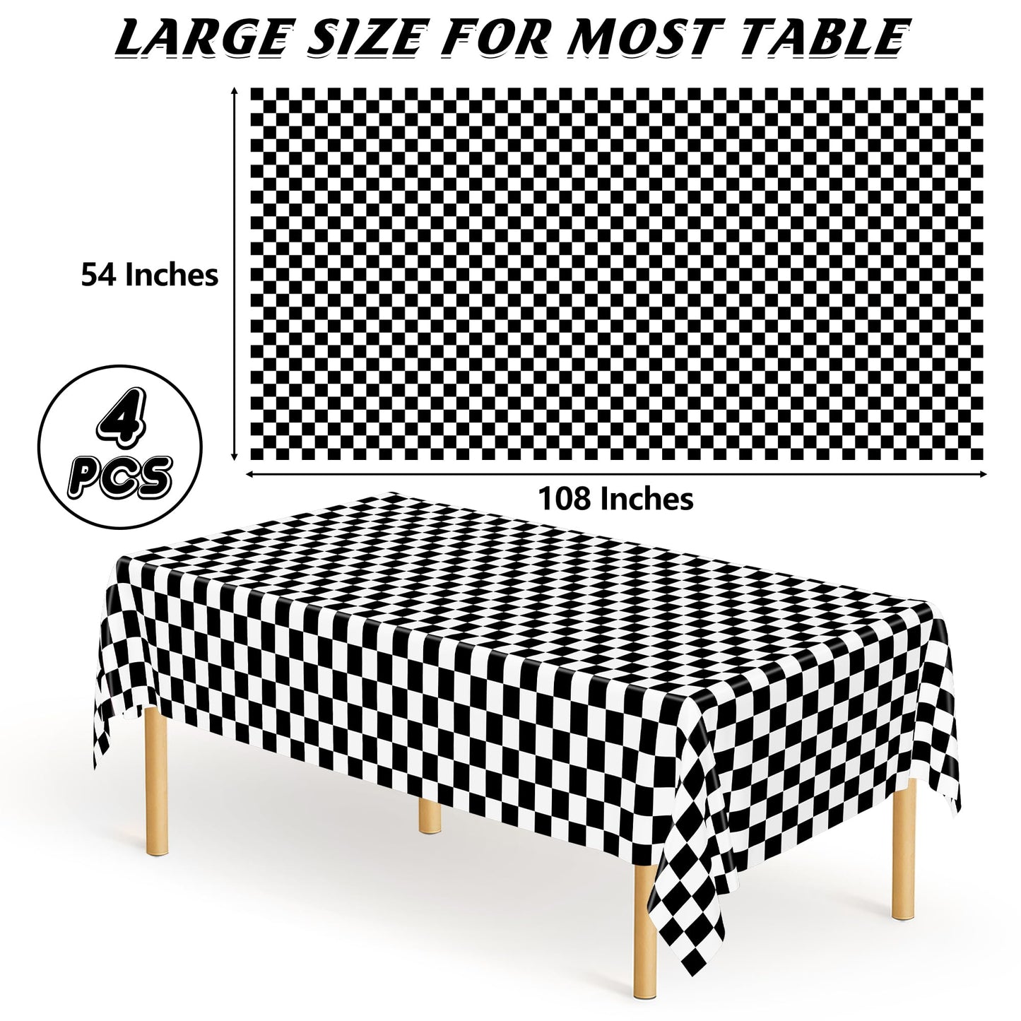 QZYL 4Pack Plastic Table Cloth Disposable, 54" x 108" Waterproof Tablecloths Rectangular, Black and White Checkered Table Cover for Picnic Birthday Party Supplies Outdoor Gathering BBQ Holiday Dinner
