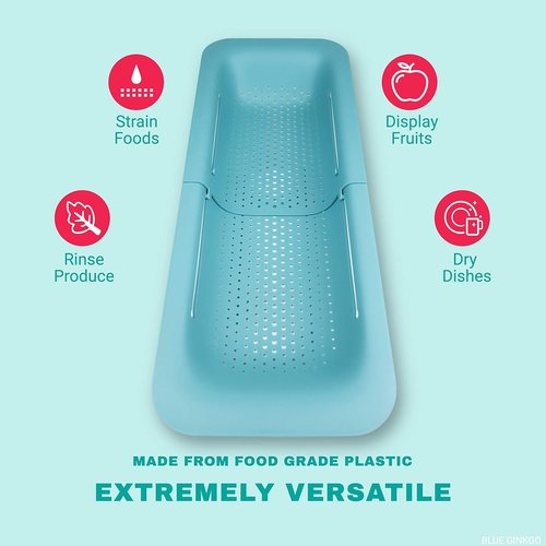 Blue Ginkgo Over The Sink Colander Strainer Basket - Extendable Design for Washing Vegetables & Draining Pasta | Kitchen Essential (7.9"W x 14.5-19.5"L x 2.75"H)