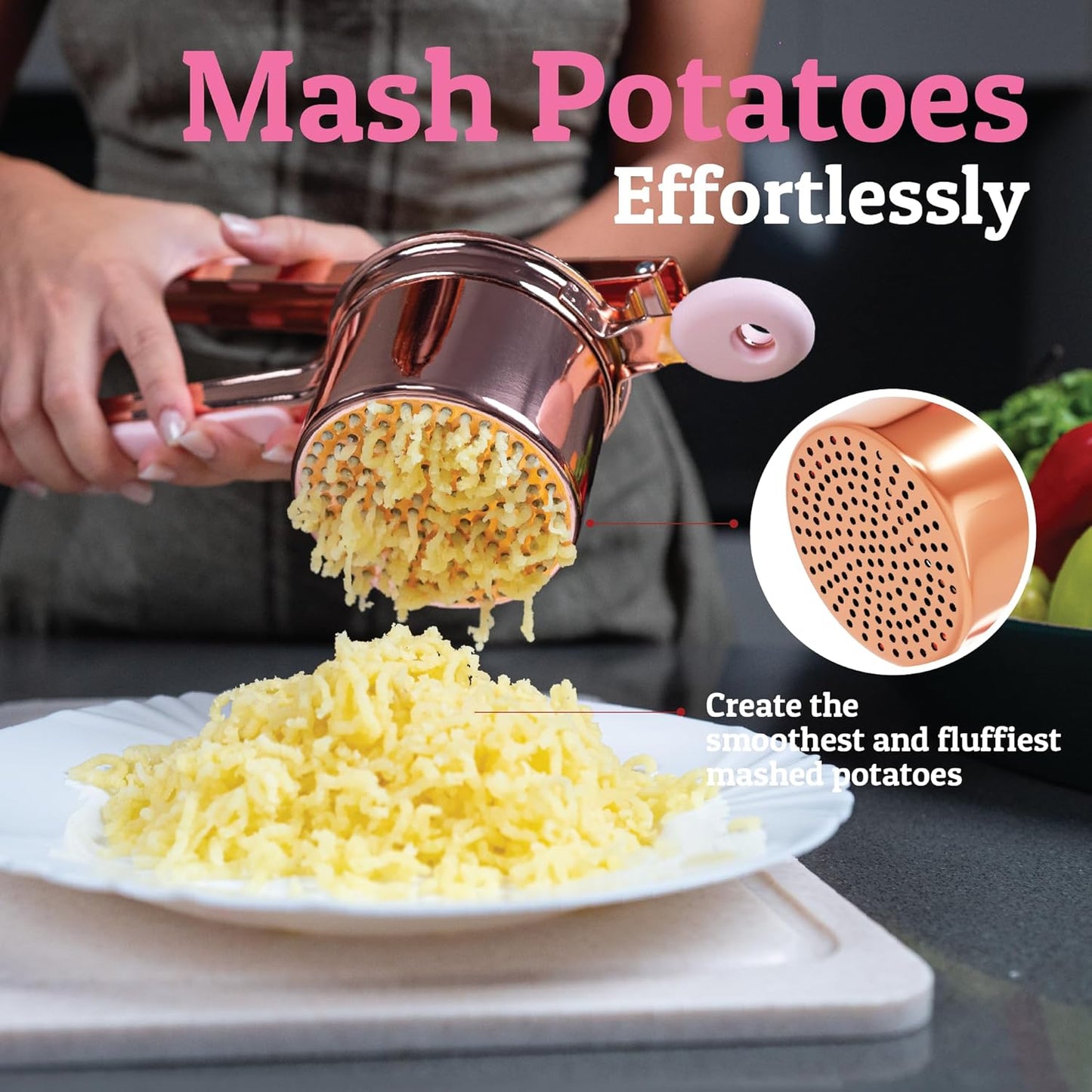 PriorityChef 15oz Potato Ricer - Heavy Duty Stainless Steel Masher for Perfect Mashed Potatoes | Rose Gold & Pink