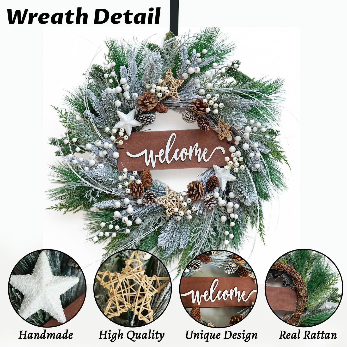 Pinkpuii Winter Wreath for Front Door - 24 Inch Outdoor Christmas Snow Covered Artificial Flocked Spruce Wreath with Pinecones, White Berries, Green Evergreen Xmas Holiday Welcome Decor