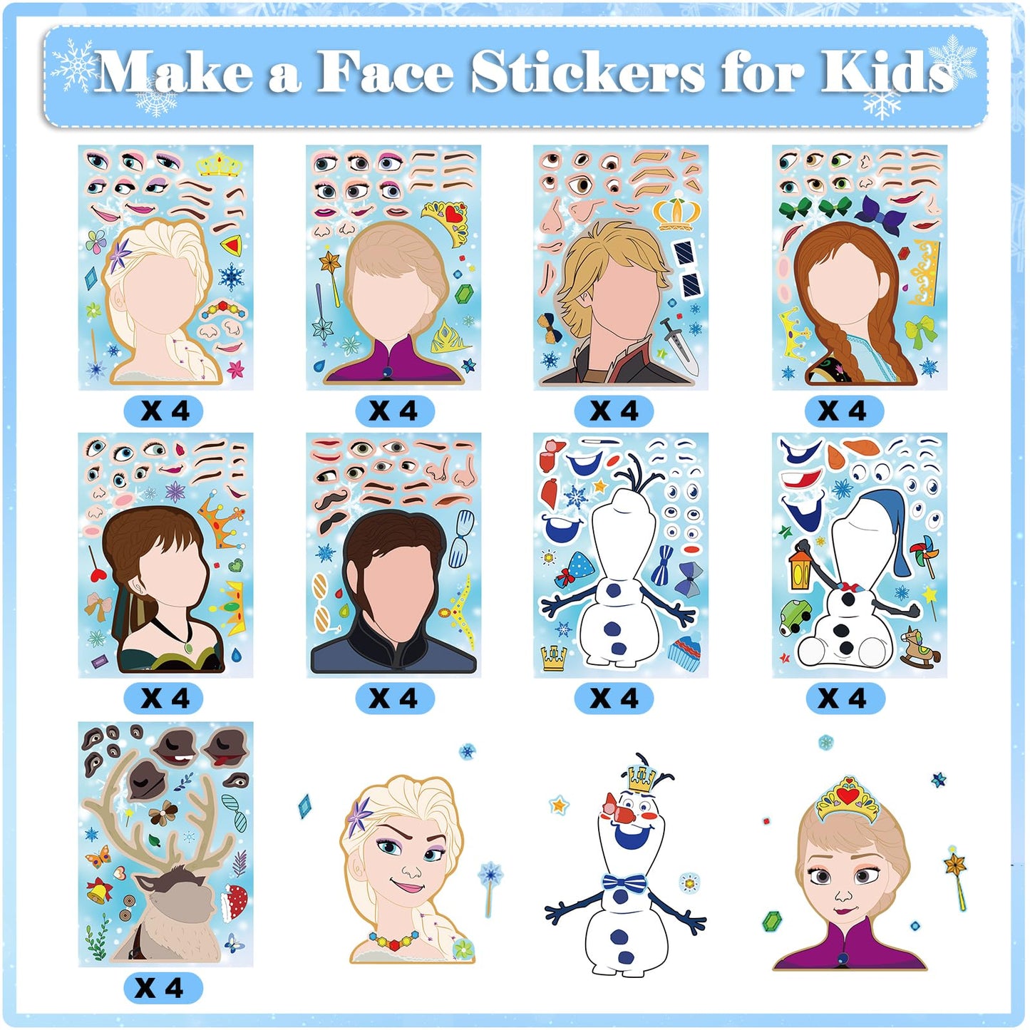 36Pcs Frozen Party Favors Stickers, Make Your Own Stickers for Kids Make a Face Sheets, Fun Gifts for Kids Birthday Party Supplies Mix and Match Sticker Bday Party Favor Decorations for Girls