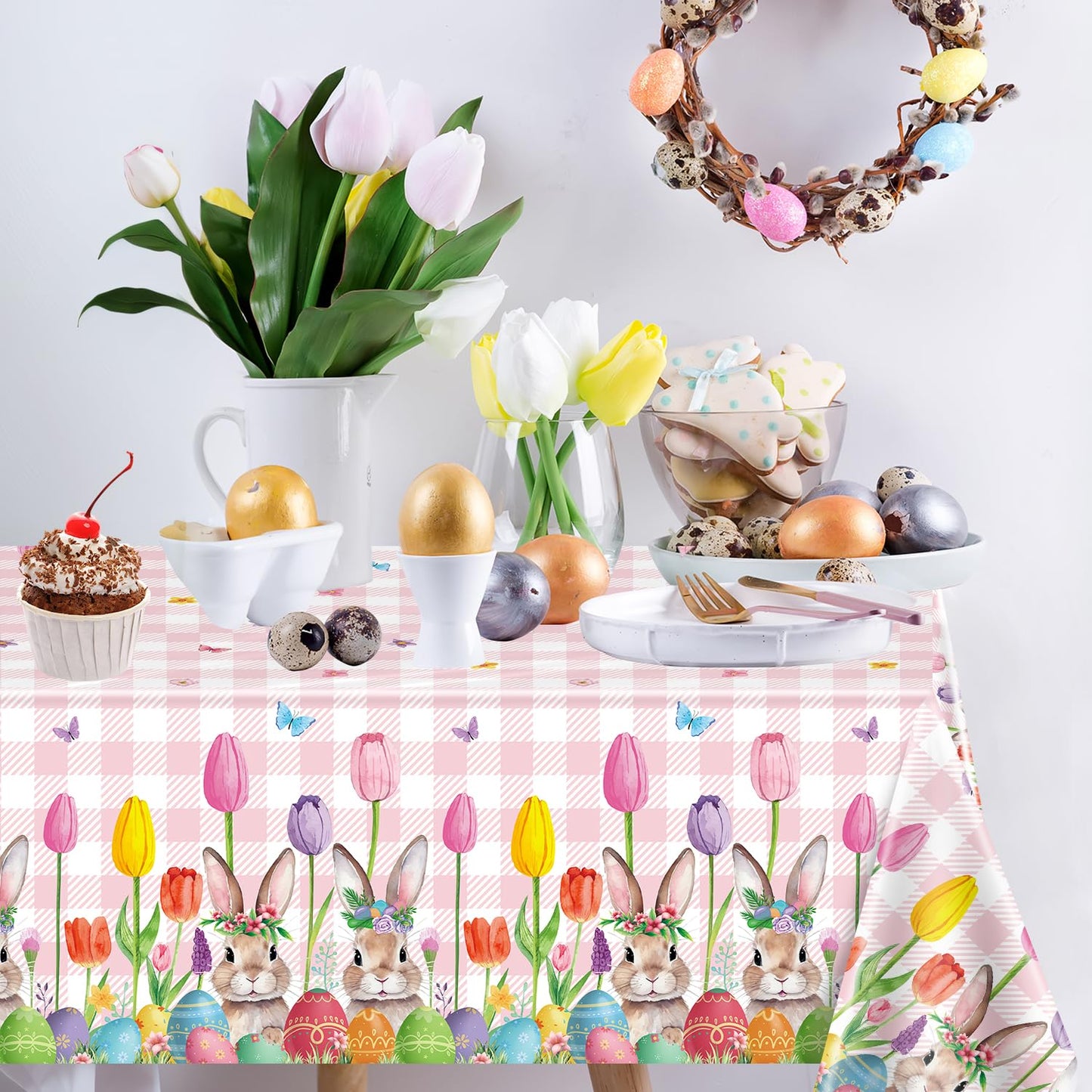 TJYJOY 4 Pack Easter Tablecloth Spring Tulip Buffalo Bunny Table Cloth Disposable Rectangle Table Covers Easter Decorations for Picnic Spring Birthday Party Supplies 51 x 86in