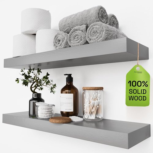 BAOBAB WORKSHOP Wood Floating Shelves - Rustic 24-Inch Grey Solid Wood Wall Shelves | Set of 2 for Home Decor
