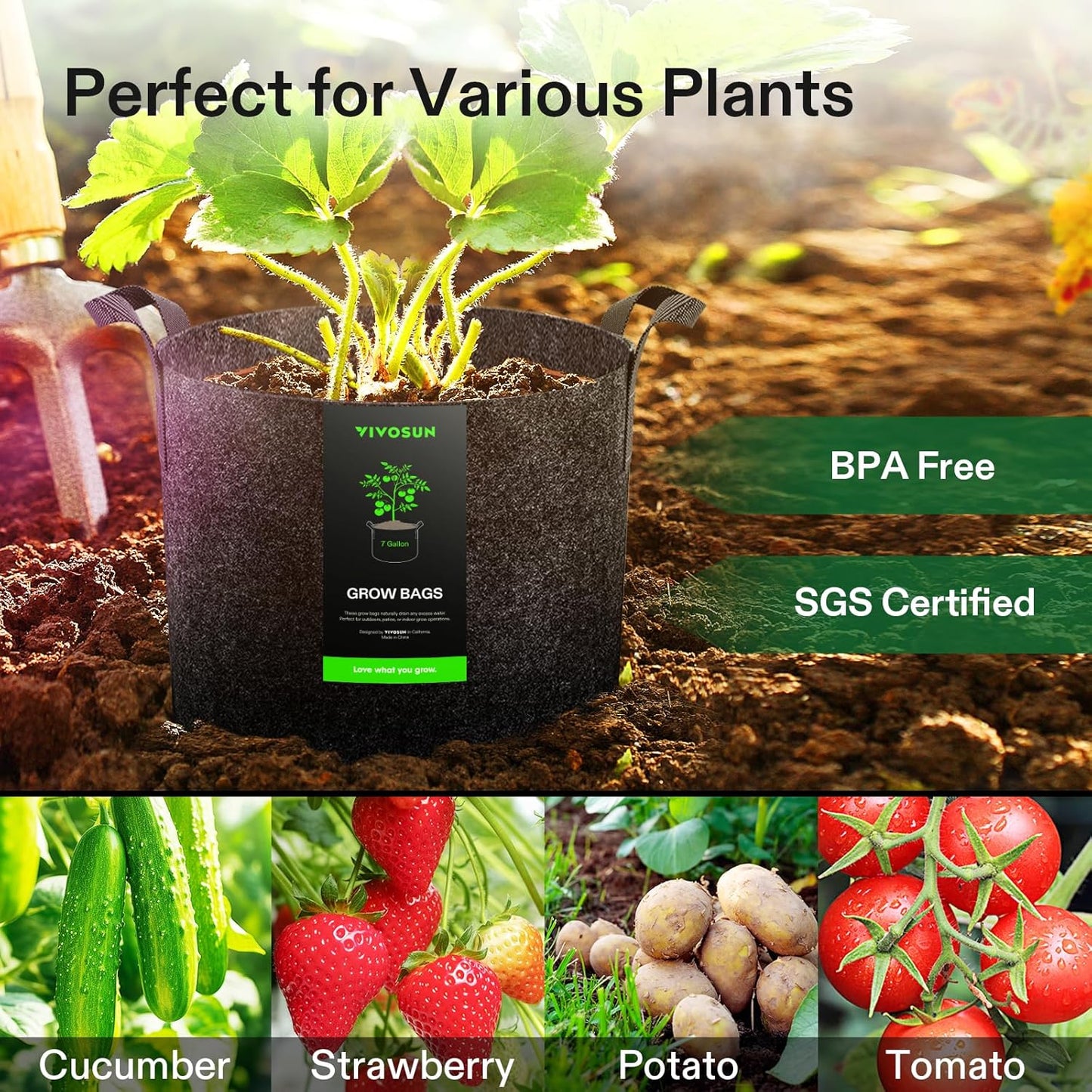 VIVOSUN 7 Gallon Plant Grow Bags - Heavy Duty Nonwoven Fabric Pots with Handles | 5-Pack