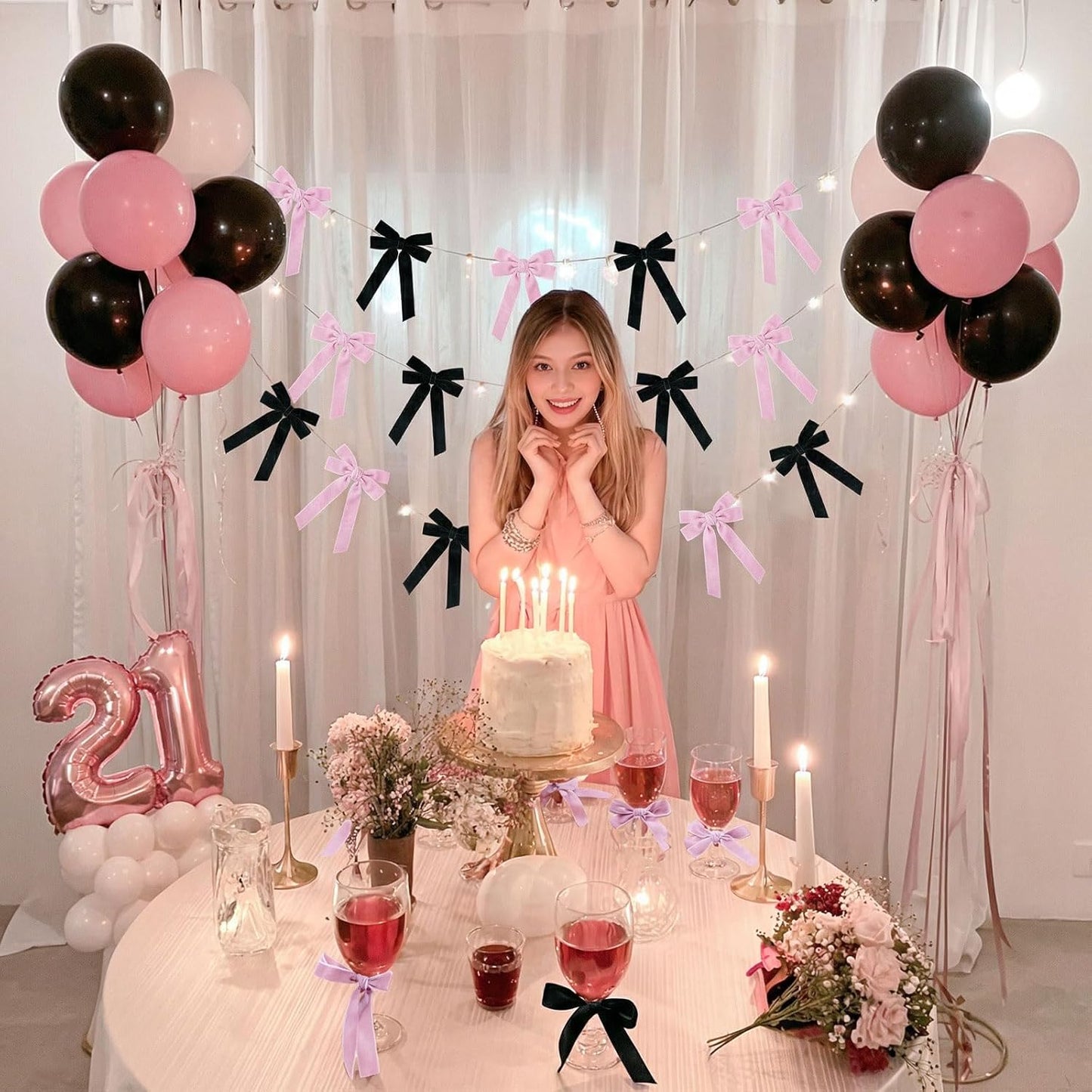 Skiennix Velvet Bows - 12 Pcs Pink & Black Pre-Tied Ribbon Bows for Y2K Coquette Decor | Ideal for Bachelorette & Sweet 16 Parties