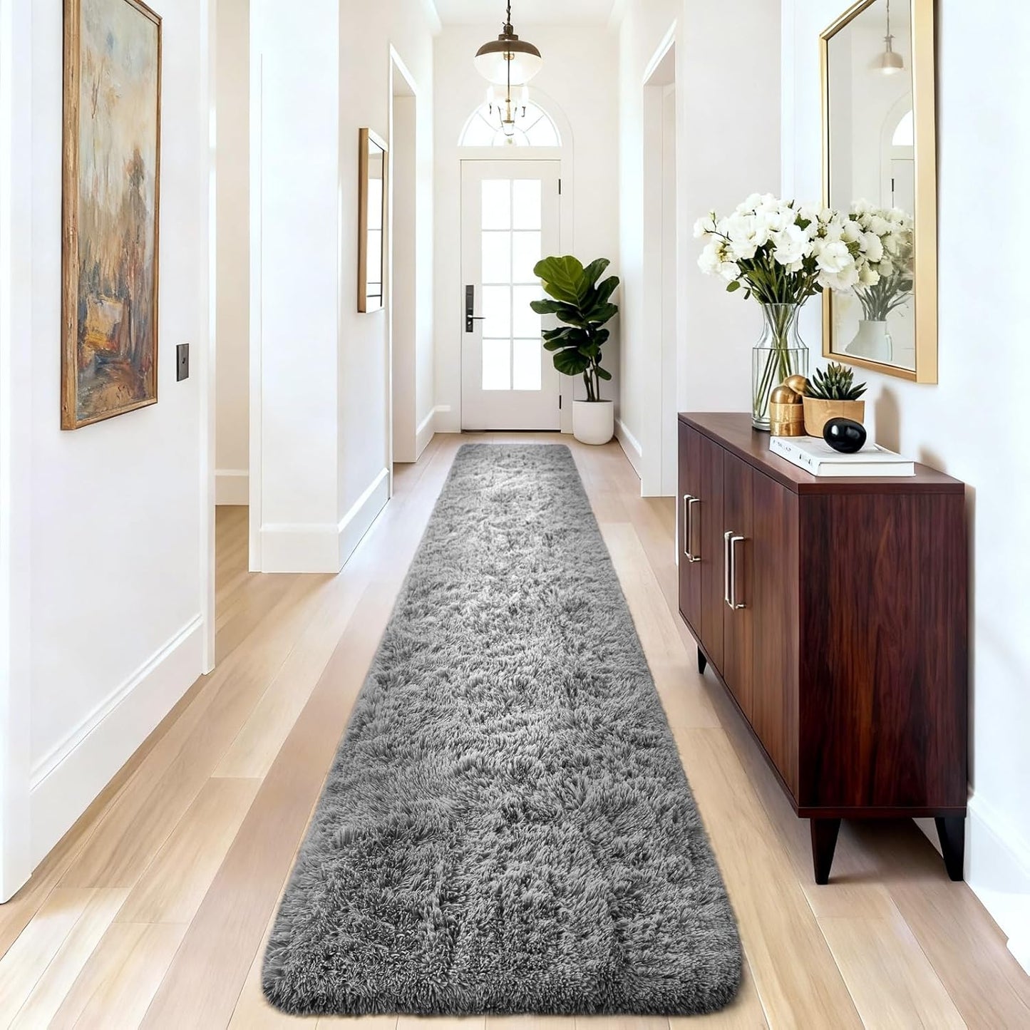 Ophanie 2x10 Non-Slip Runner Rug - Soft Fluffy Shaggy Gray Carpet for Hallway & Bedroom Decor