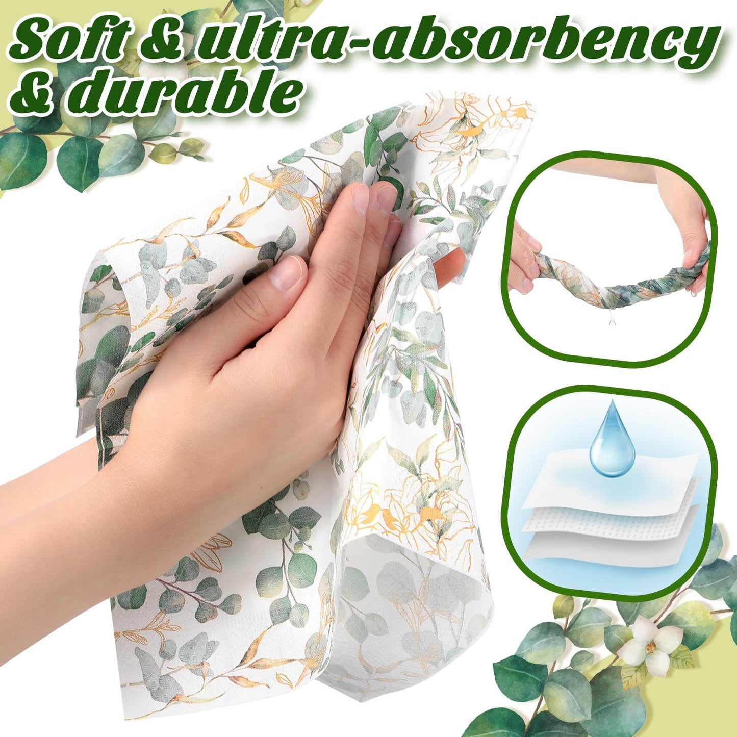 Spiareal 120 Pcs Greenery Paper Napkins 3 Ply Disposable Hand Towels for Bathroom Green Eucalyptus Leaf Guest Decorative Dinner Napkin for Bridal Baby Shower Wedding Birthday Spring Party
