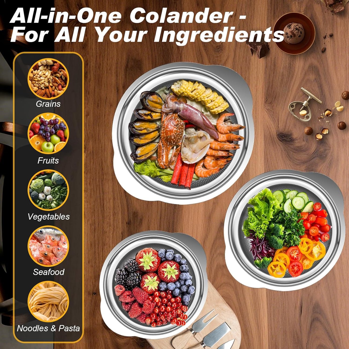 Stainless Steel Colander Set by [Brand Name] - 3-Piece Kitchen Strainer with Handles | Perfect for Pasta, Vegetables & Fruits (2QT, 3QT, 5QT)