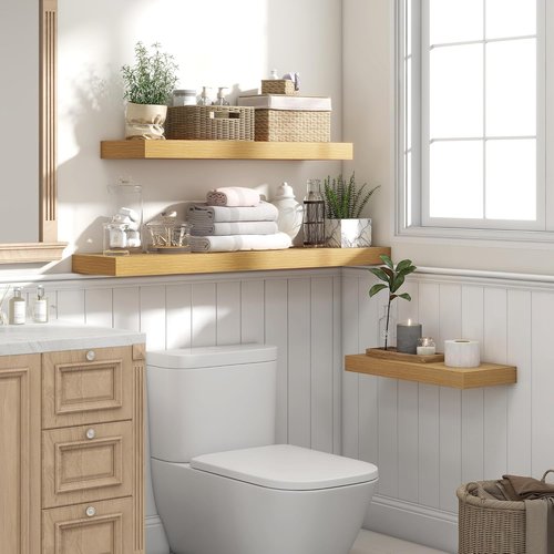 Heimlove Floating Wall Shelves - 16 Inch Oak Wood Shelves for Bathroom, Living Room & Office | Set of 2