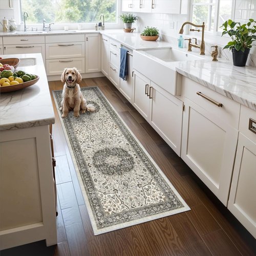 **Hallway 2x6 Washable Runner Rug - Oriental Stain Resistant | Ultra Soft Non-Slip Indoor Carpet (Grey)**