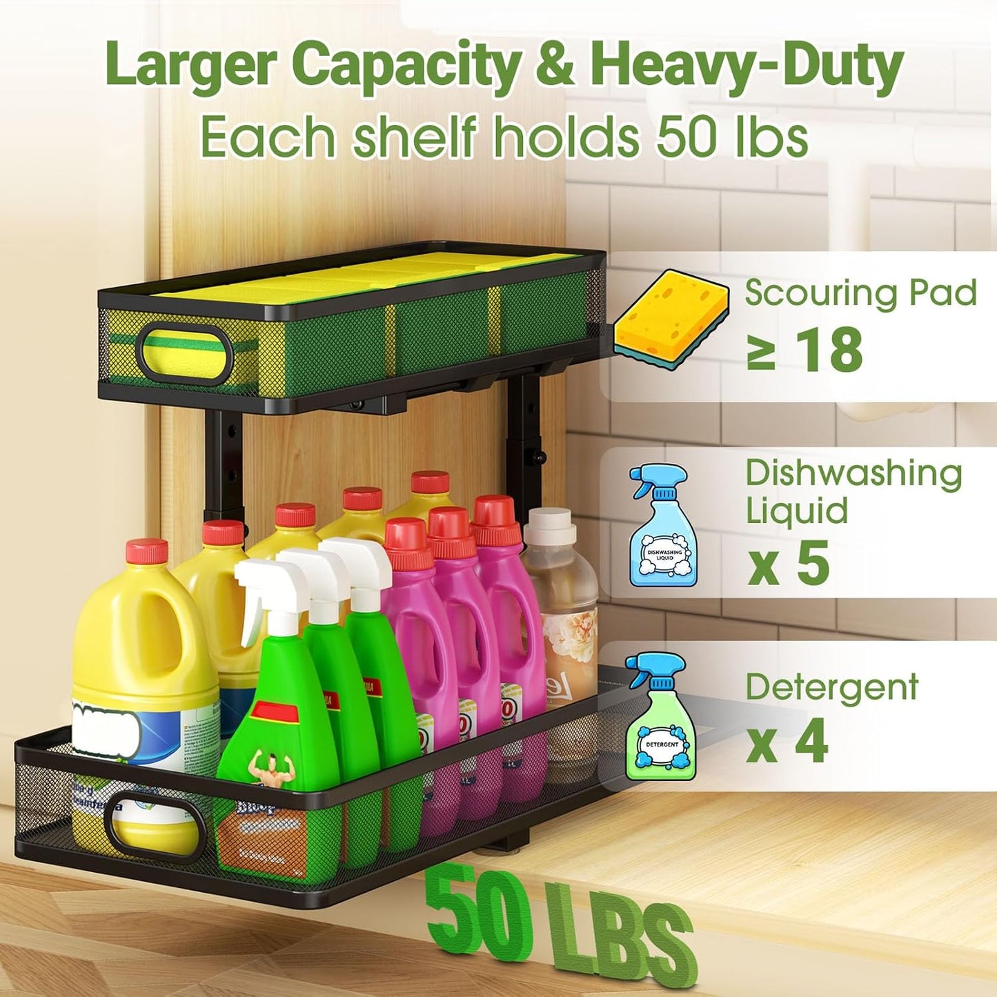Under Sink Organizer by [Brand Name] - 2-Tier Metal Pull-Out Cabinet Shelf with Adjustable Height | Space-Saving Storage for Kitchen & Bathroom