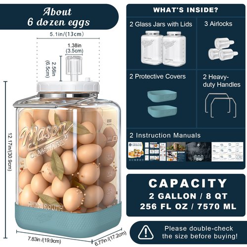 Dwbligt 2 Pack Large Fermentation Jars with Airlock, 2 Gallon Glass Jar with Airtight Lid-Wide Mouth Mason Jar with Handle & Non-slip Base for Mead Making & Kombucha, Pickle Jar, Kimchi Containers