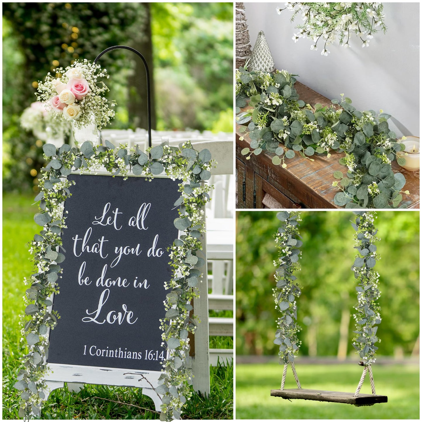 BonBloom's 8 Packs Artificial Eucalyptus Garland with White Flowers 5.9Ft Faux Greenery Garland Vines Spring Garlands for Bedroom Centerpieces Table Wedding Backdrop Arch Mantle Room Decor