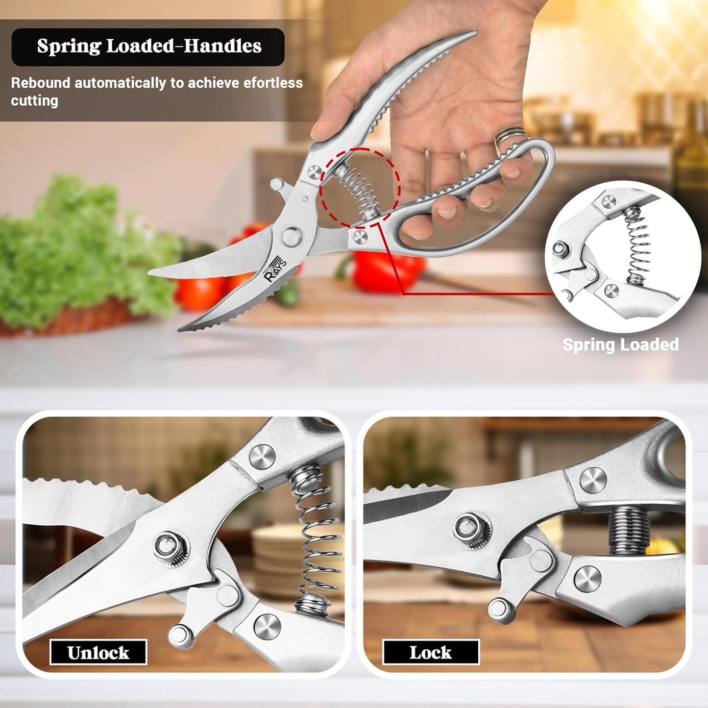 Regine Switzerland Heavy Duty Poultry Shears - Non-Slip Kitchen Shears for Chicken, Turkey & Fish | Dishwasher Safe with Safety Lock