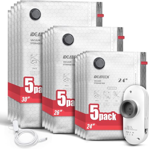IDEATECH Travel Vacuum Bags - 15 Pack with USB Pump | Space Saver Compression Bags for Clothes - 5S, 5M, 5L Sizes