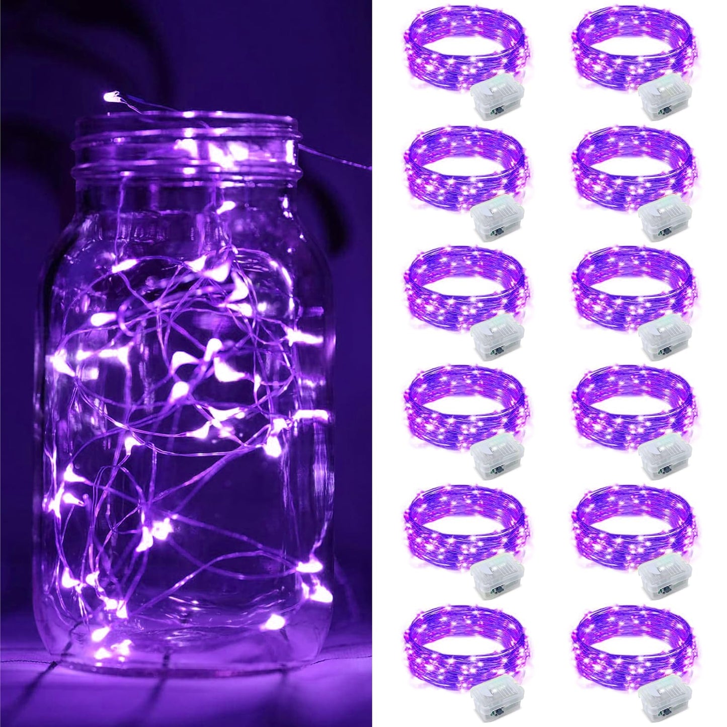 ZGWJ 12 Pack Fairy Lights Battery Operated, 7ft 20 Mini LED Fairy String Lights Silver Wire 3 Modes for DIY, Parties, Wedding, Bedroom, Halloween Christmas Decoration Purple