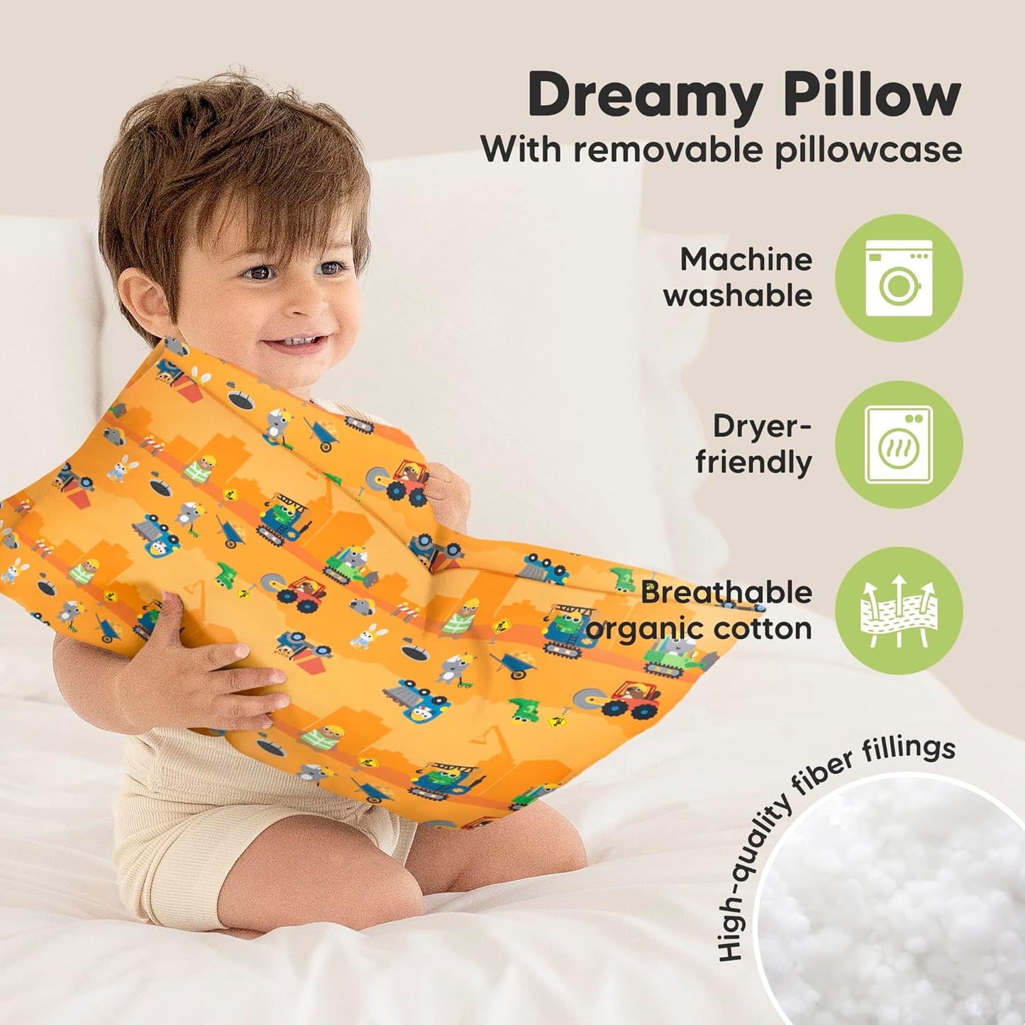 Little Builders Toddler Pillow - Organic Cotton Travel Bed Pillow with Soft, Breathable Case | 13x18 Inches