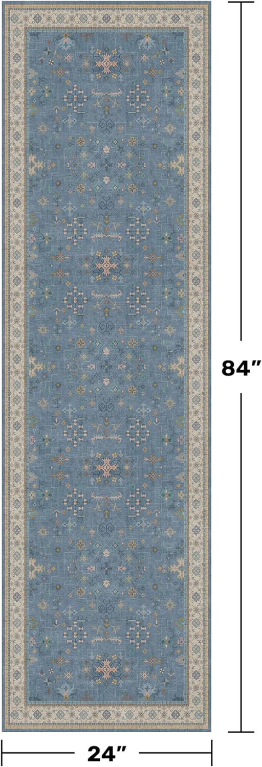 Light Blue Kitchen Runner Rug - Washable Non-Slip Boho Design for Hallway & Bedroom | 2x7 Size