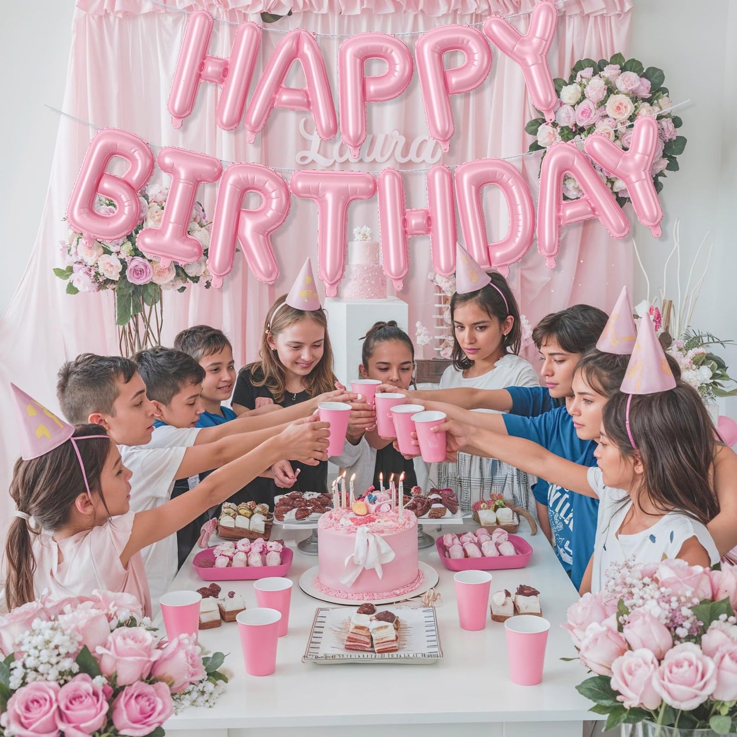 Pink Happy Birthday Balloon Banner, 16 Inch Pastel Pearl Baby Pink Self Inflating Happy Birthday Mylar Foil Balloon, Birthday Bunting Banner Letter Balloons for Girls Women Birthday Party Decorations