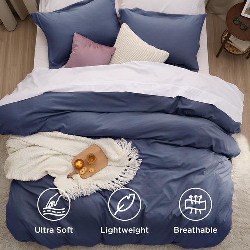 Bedsure Navy Blue Duvet Cover Set - Soft Prewashed Cotton-Like Polyester Twin/Twin XL, 2 Pieces with Zipper Closure