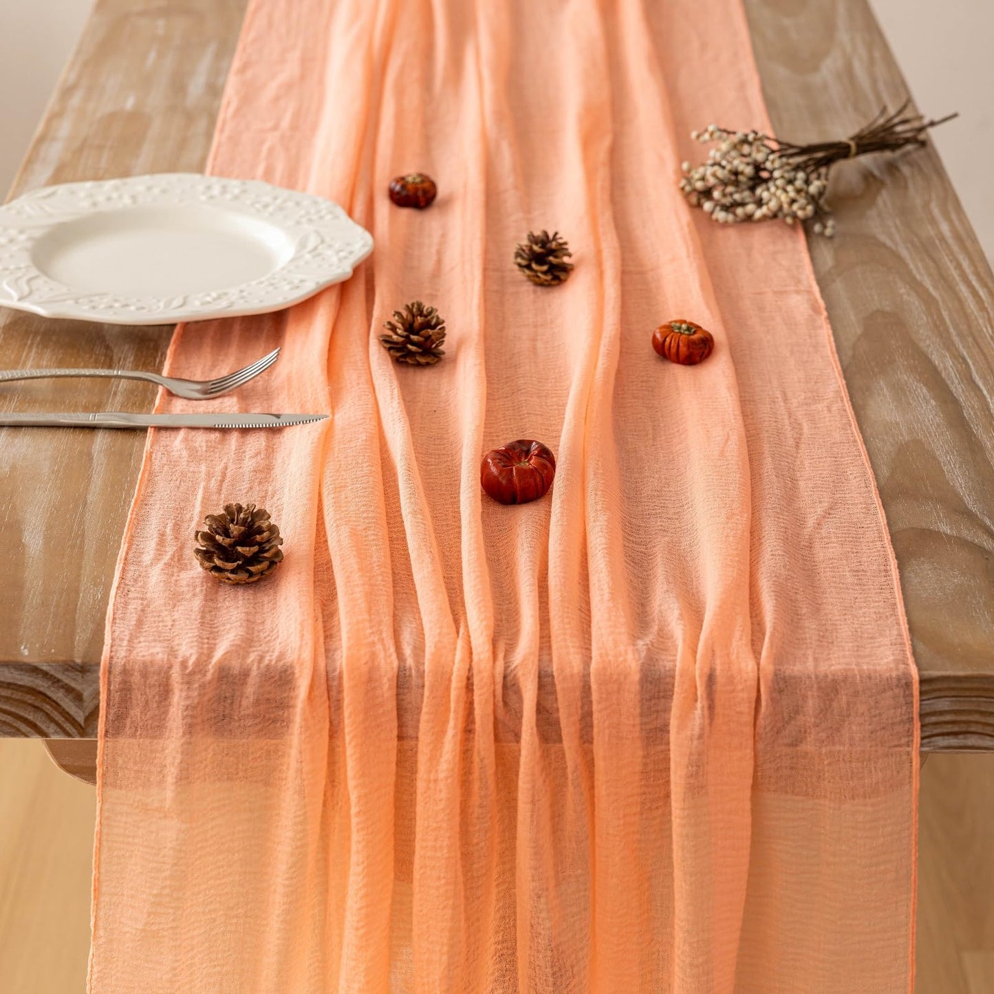 Keketoarrange 3pcs Fresh Salmon Cheesecloth Table Runner Valentines Decor Peach Echo Gauze 120 Inch 10 FT Boho Table Runner for Wedding Baby Shower Bridal Shower Party Sheer Spring Home Decorations