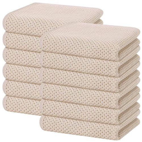 Homaxy 100% Cotton Waffle Weave Kitchen Dish Towels, Ultra Soft Absorbent Quick Drying Cleaning Towel, 13 x 28 Inches, 12-Pack, Beige