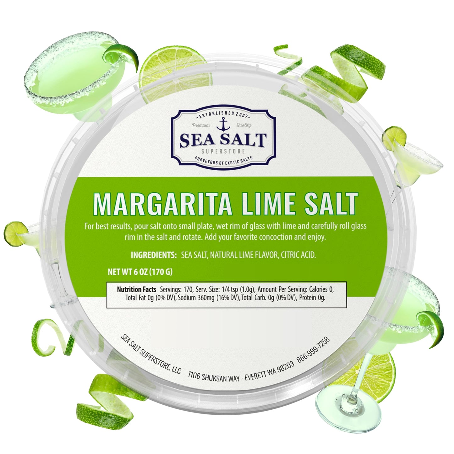 Margarita Lime Salt Infused with Vibrant Lime Zest – Unrefined, Natural Margarita Salt Rimmer for Garnishing Cocktails, Refreshing Drinks, and Glassware – 6 oz Tub