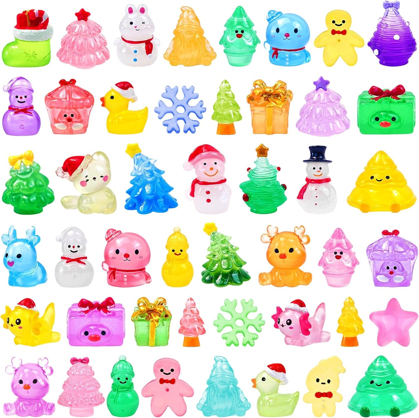 Skiennix 52 Pcs Luminous Mini Christmas Figurines - Glow in The Dark Resin Snowman Set for Holiday Decor