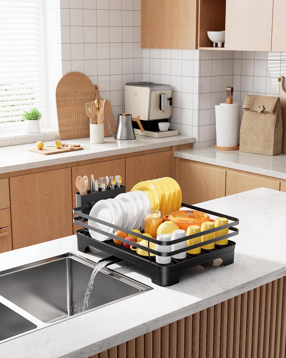 Kitsure Dish Drying Rack - Multi-Functional Kitchen Counter Rack with Cutlery Holder | Rust-Proof, 15.7" x 12" x 5.5", Black