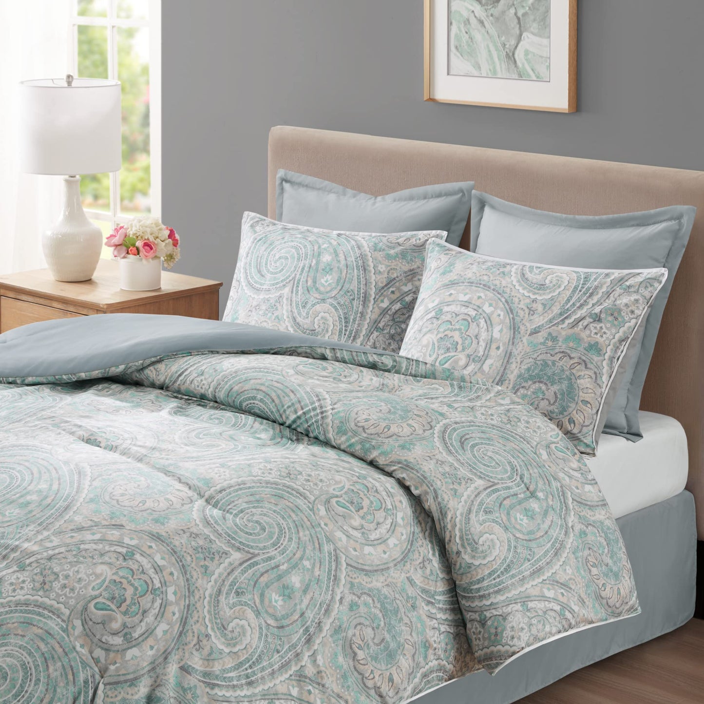Comfort Spaces Cozy Comforter Set-Modern Classic Design, All Season Down Alternative Bedding, Matching Shams, Bedskirt, Decorative Pillows, Cal King, Kashmir Paisley Blue 8 Piece