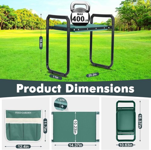 Feed Garden Garden Kneeler & Seat - Upgraded Foldable Gardening Stool with 10.23" Kneeling Pad & Tool Pouches