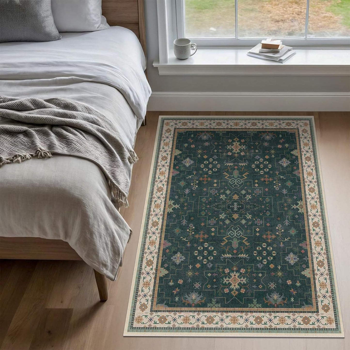 Oushak Dark Green 3x6 Kitchen Rug - Modern Vintage Boho Floral Design | Washable Non-Slip Area Rug