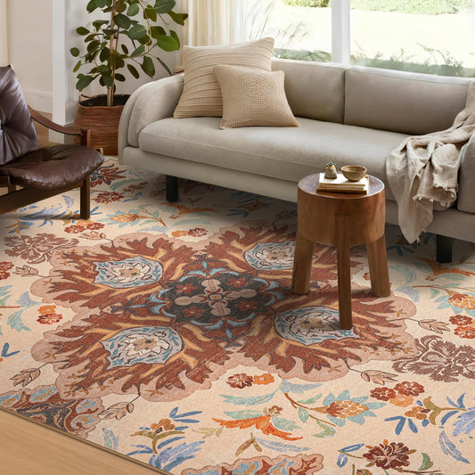 Phantoscope 5'x7' Vintage Collection Area Rug, Washable Living Room Rug Non-Slip, Low-Pile Boho Floral Painting Carpet for Bedroom Dining Room Office Durable Indoor Printed Rug, Rust/Multi Floral