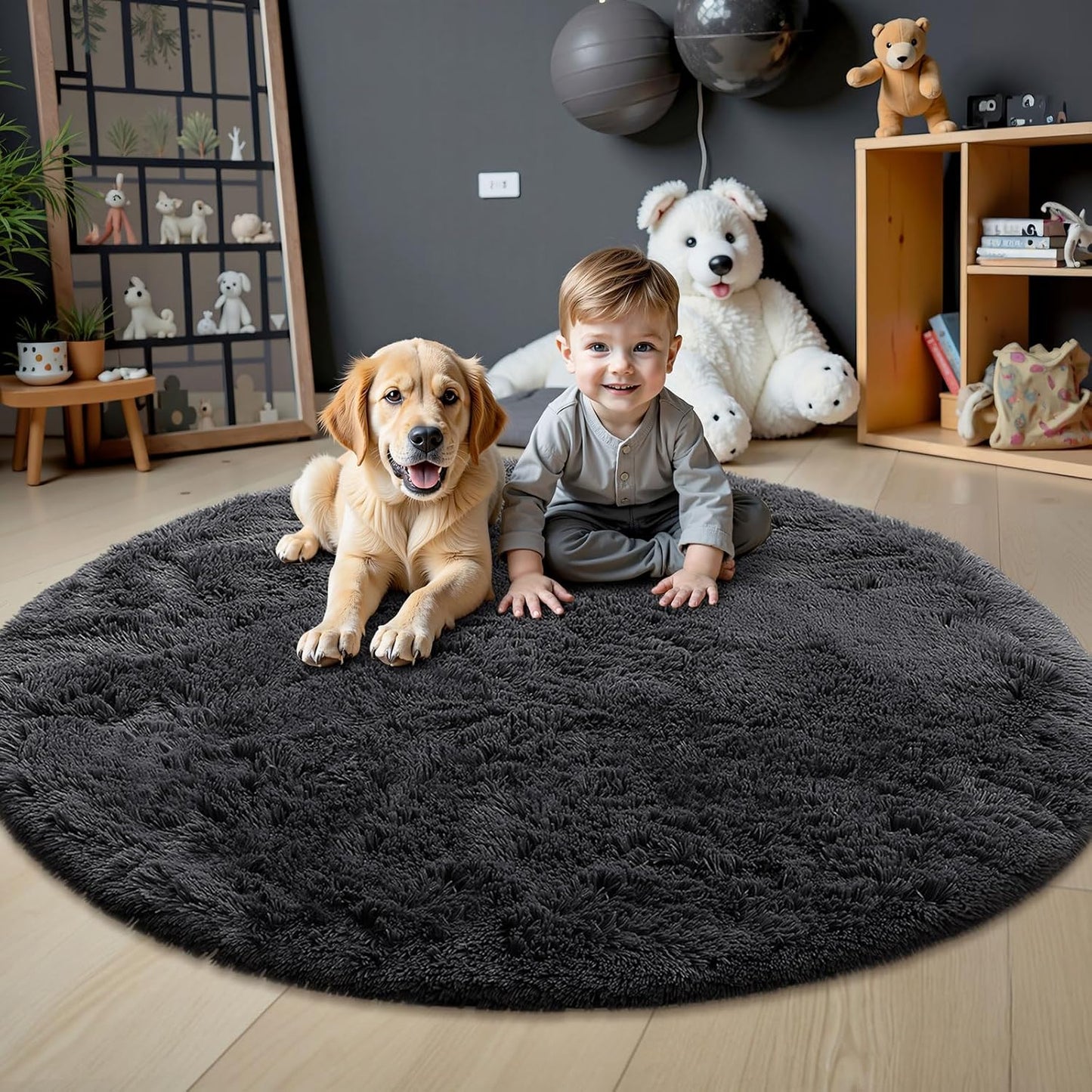OLANLY Black Round Area Rug - Soft, Fluffy Shaggy Carpet | 7 ft Machine Washable for Bedroom & Living Room