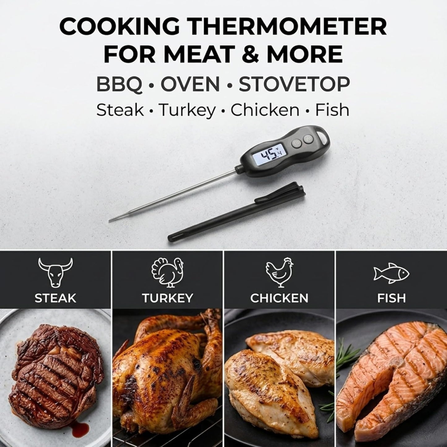Meat Thermometer Digital - Instant Read Waterproof Cooking Thermometer with Backlight | Black