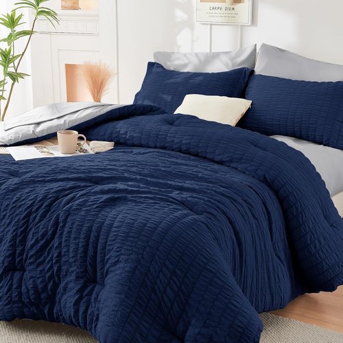 HYMOKEGE California King Comforter Set - Luxury 7-Piece All-Season Bedding in Navy Blue & Light Grey