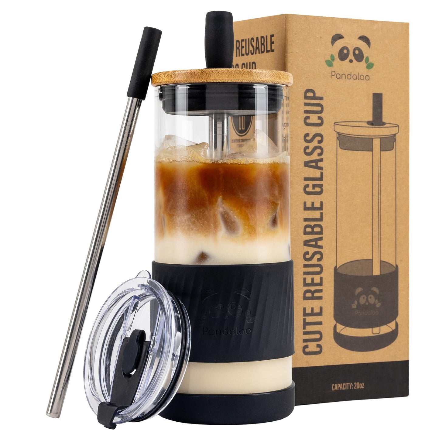 Pandaloo® Glass Cups With Lids and Straws -20 Fl Oz- Perfect Size Iced Coffee Cup - Smoothie Cup With Bamboo Lid and On the go Lid - Glass Tumbler With Straw (1 Count (Pack of 1), Black Saphir)