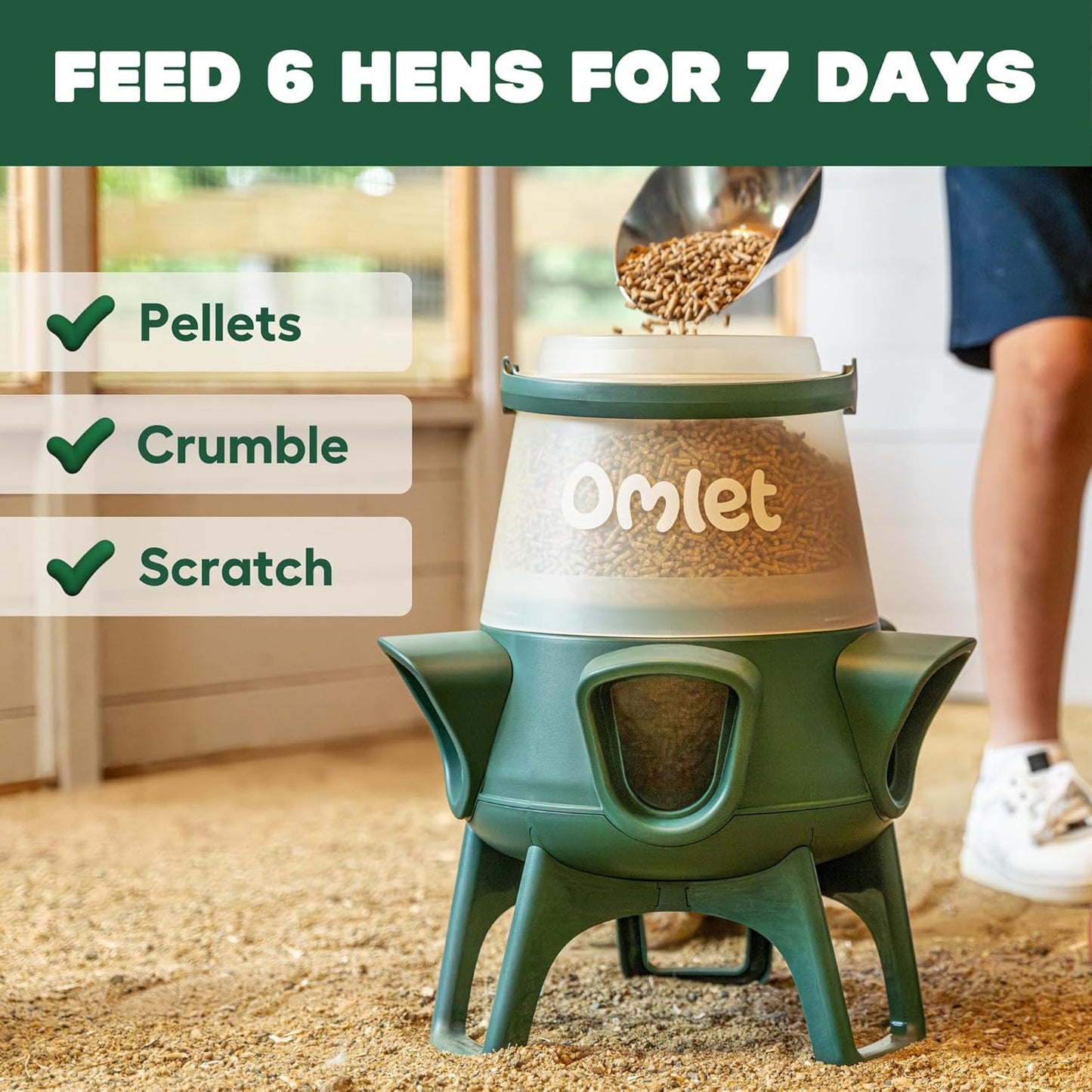 Omlet No Waste Chicken Feeder - No Spill BPA-Free Poultry Feeder with 5 Anti-Bully Ports | Feeds 6 Hens for 7 Days | 12lb
