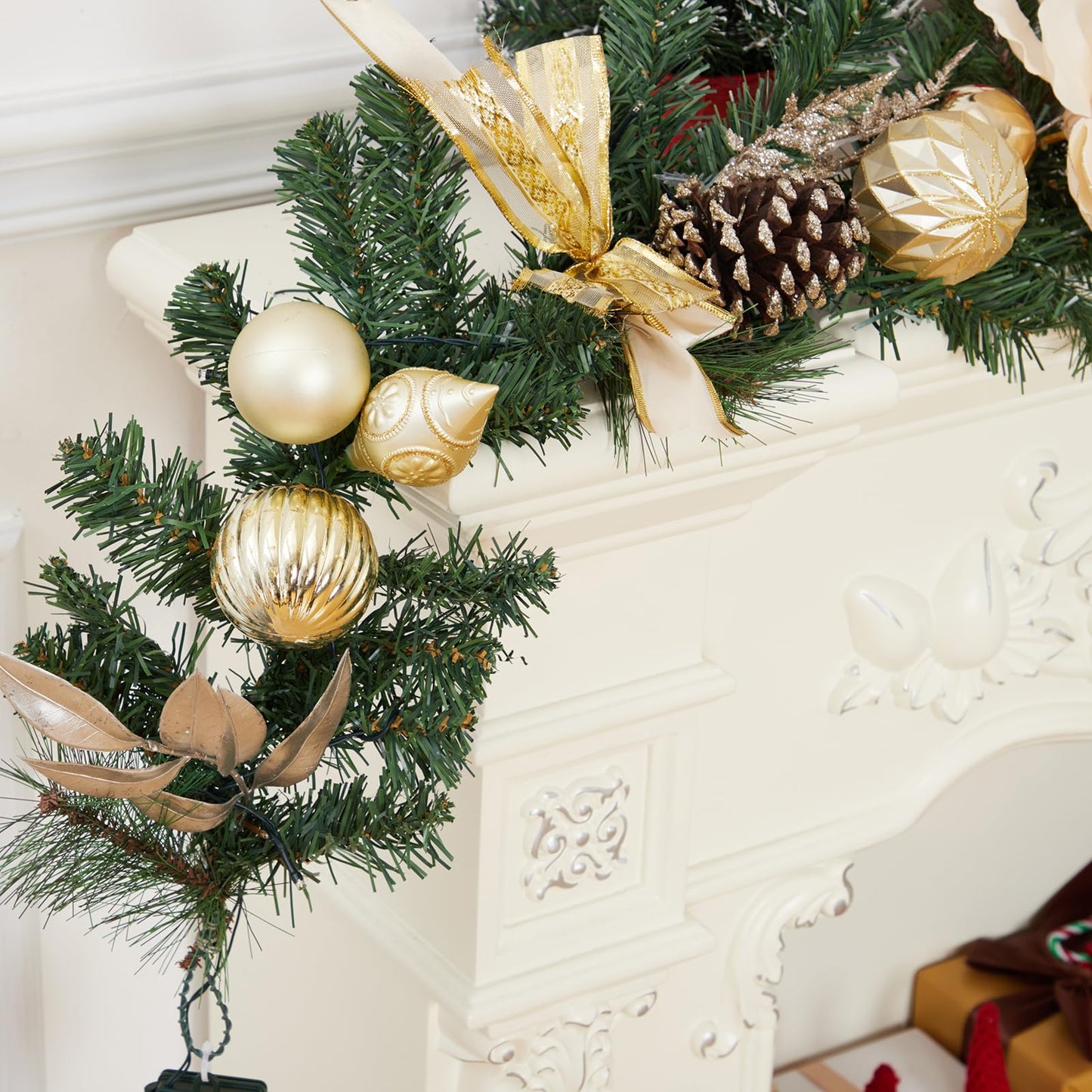 Christmas Garland with Lights, 6ft Prelit Outdoor Christmas Garland with Timer 20 LED Lights Pinecones Rose Gold Ball Ornaments for Mantle Fireplace Stairs Railing Indoor Decorations, Battery Operated
