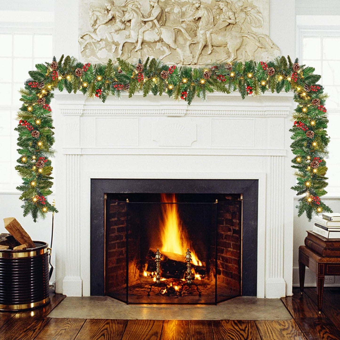 Juegoal 9FT Pre-Lit Christmas Garland - Artificial Greenery with Flowers, Berries & 50 Warm White LED Lights | Indoor/Outdoor Decor