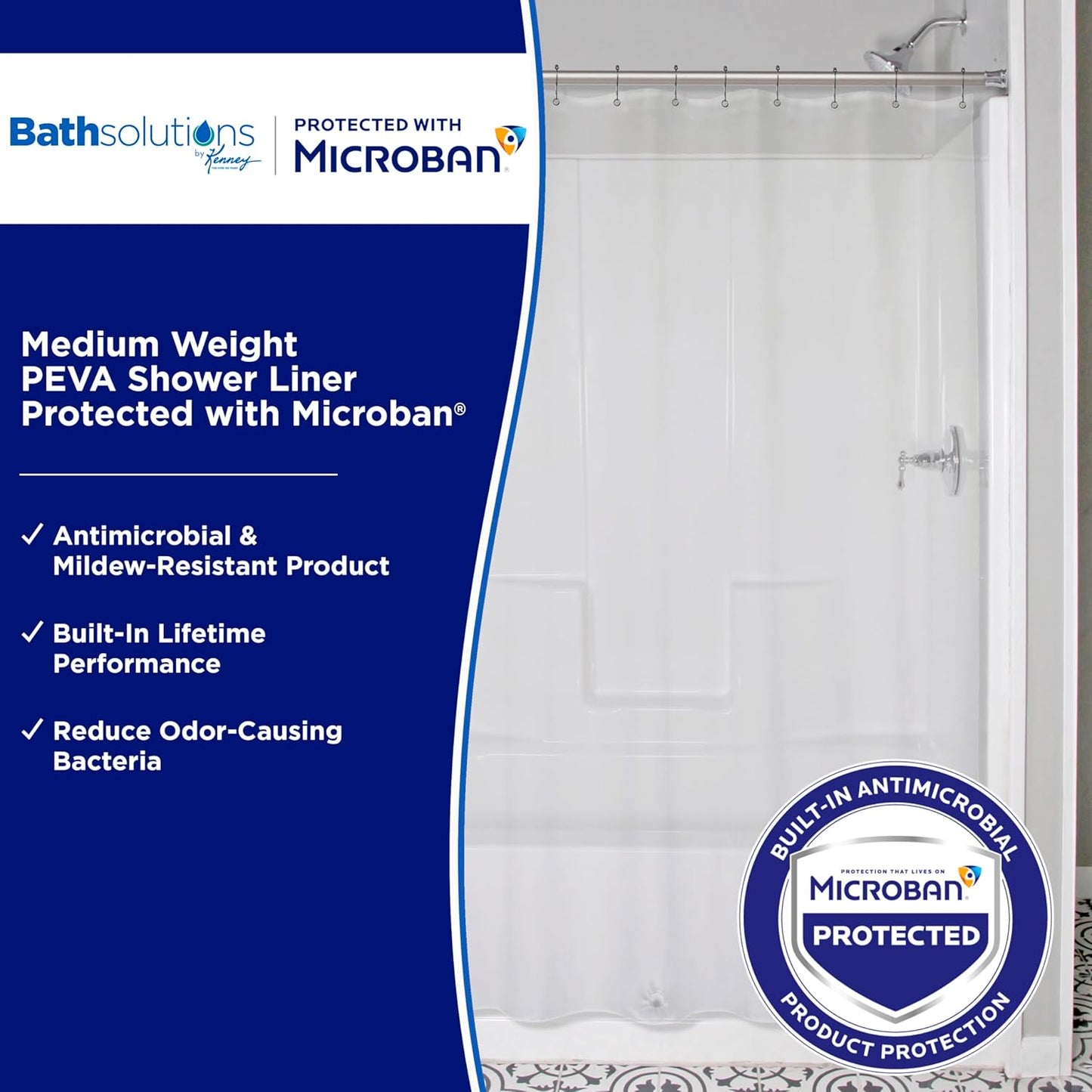 Kenney – Waterproof PEVA Shower Curtain Liner | Medium-Weight Design with Rust-Resistant Grommets, 70" x 72", Clear