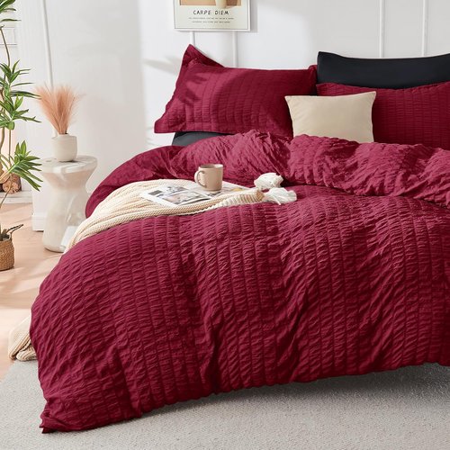 HYMOKEGE Twin Comforter Set - Red & Black Seersucker 5-Piece Luxury Bedding Set | All-Season Comfort