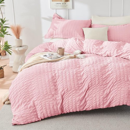HYMOKEGE California King Comforter Set - Luxury 7-Piece Seersucker Bedding in Pink/Ivory for All Seasons