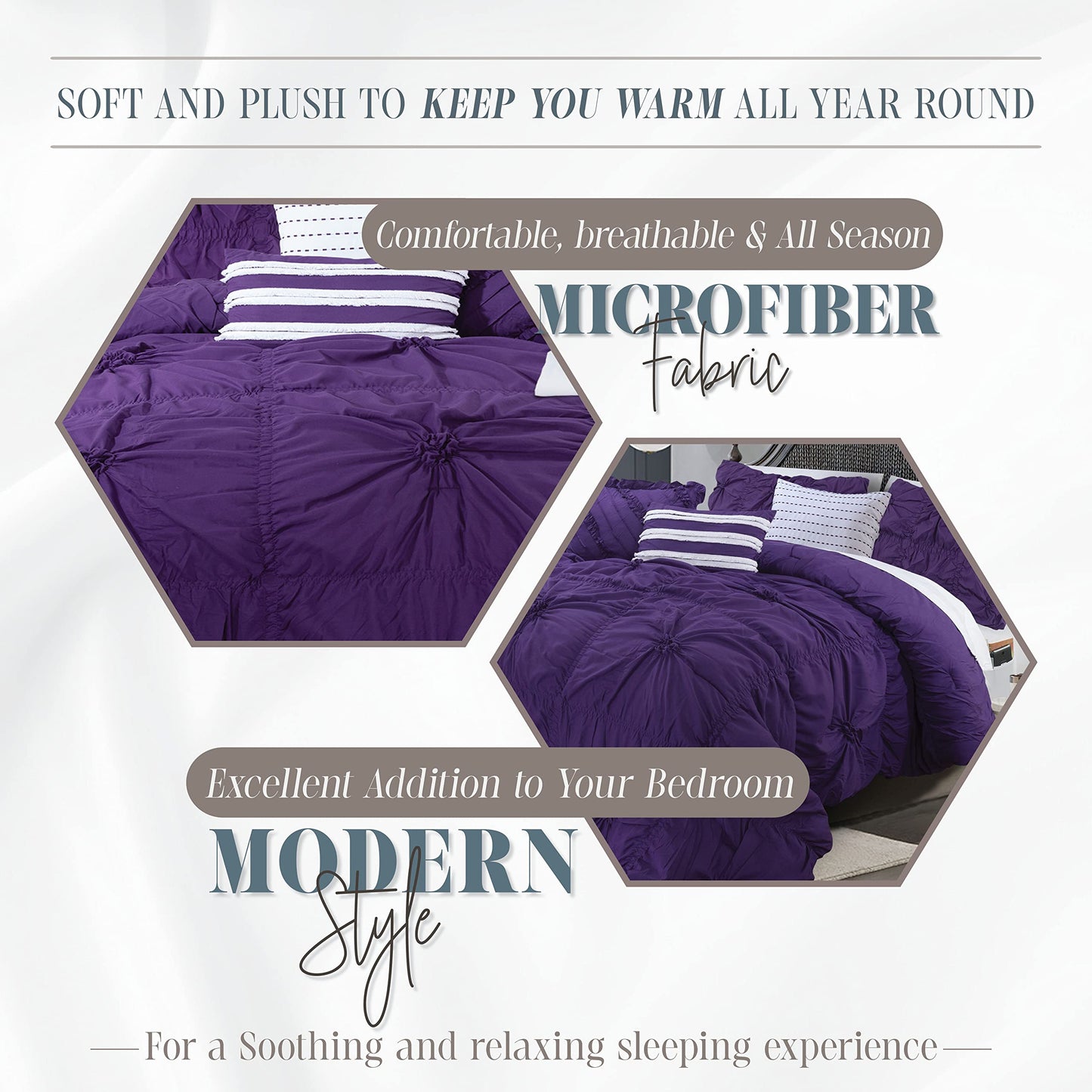 Elegant Comfort Amy 12-Piece Oversized Comforter, Bed-in-a-Bag Including 6-Piece Sheet Set Featuring Smart Pockets and Matching Decorative Pillows, Amy 12PC Oversized Comforter, Cali King, Purple
