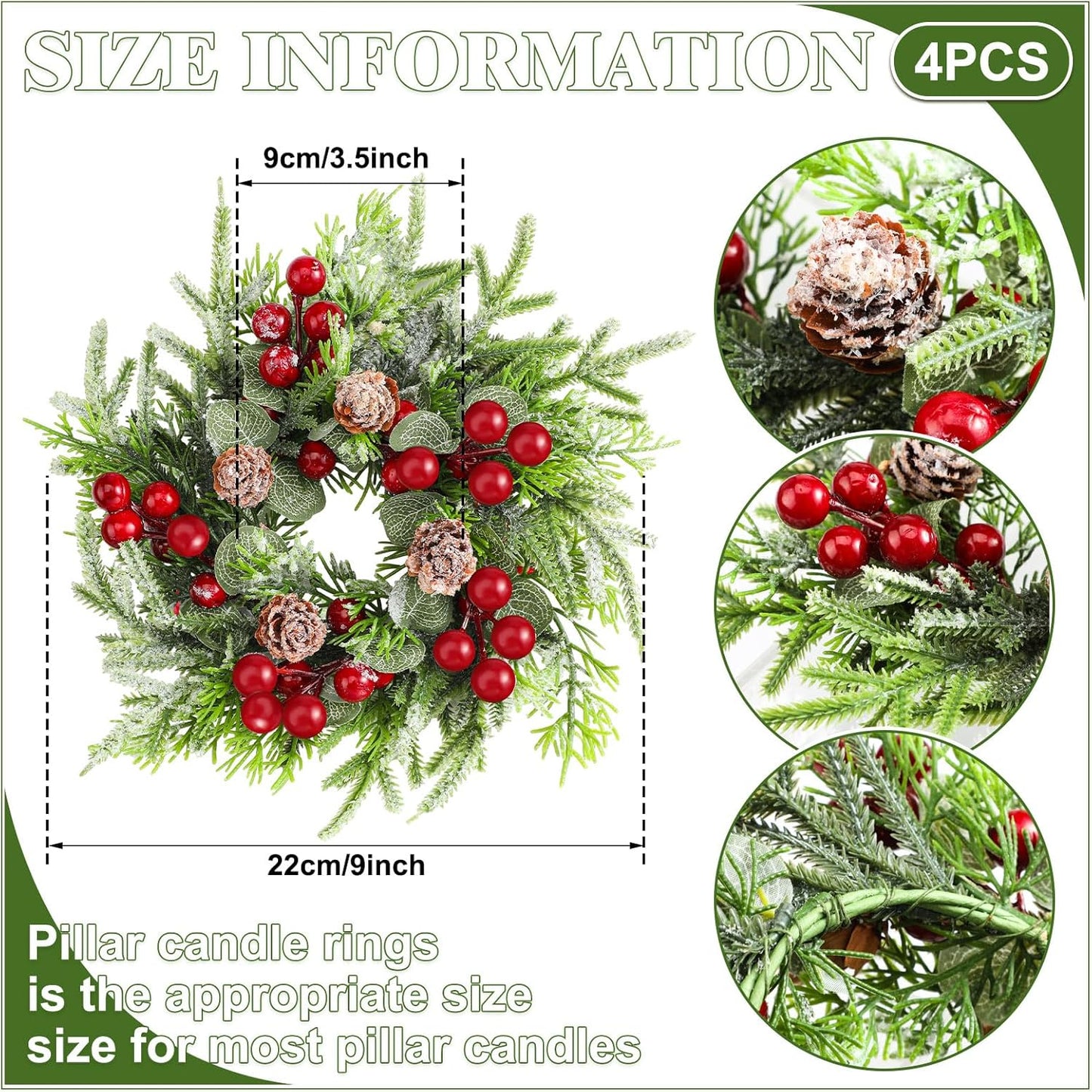 Lyrow Christmas Candle Rings - 4 Pcs Mini Wreaths with Artificial Berries & Snowy Pine | Holiday Table Decor