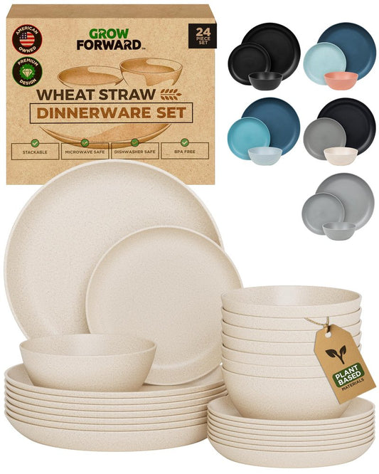 Grow Forward 24-piece Premium Wheat Straw Dinnerware Sets for 8 - Unbreakable Dishwasher & Microwave Safe Plastic Plates and Bowls Sets - Patio, Outdoors, RV, Camping Dishes - Sahara