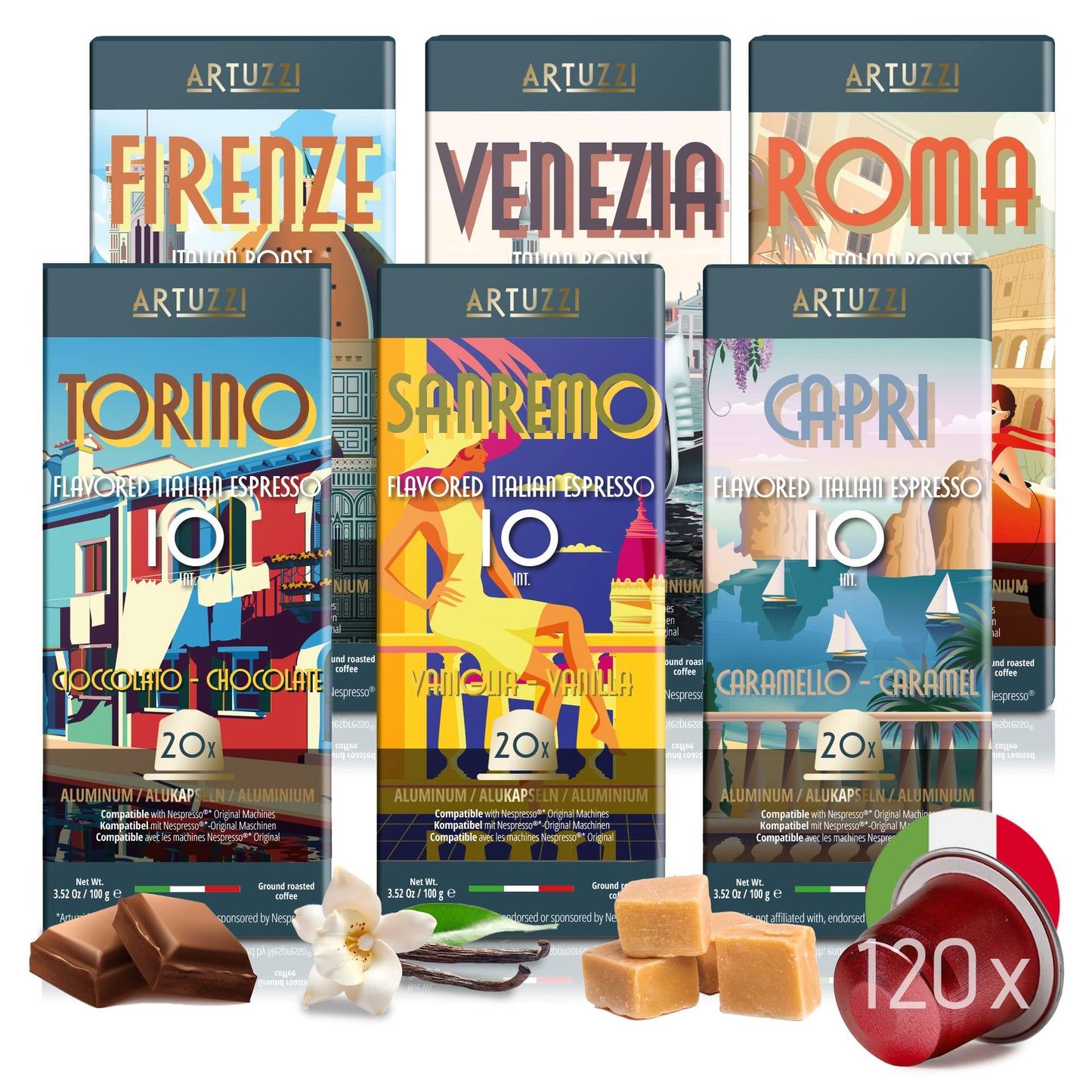 Artuzzi 120ct Espresso Pods For Nespresso Compatible Capsules Original Machines | Italian Coffee Variety - Ristretto Lungo Espresso Caramel Vanilla Chocolate | Aluminum & Recyclable